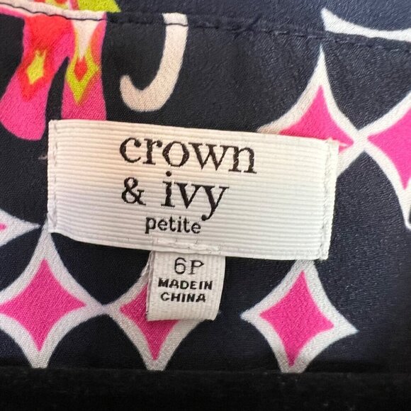 Crown & Ivy Elephant Print Ruffled Neck Shift Dress Petite 6P Sleeveless - Picture 6 of 13